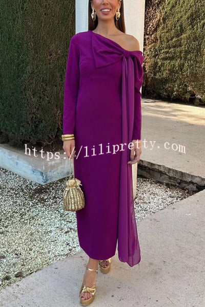 Vanessa Solid Color Long Sleeve Slim Fit Oversized Bow Tie Maxi Dress