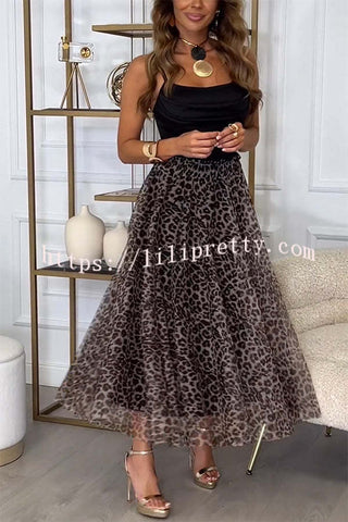 Chic Everyday Satin Paneled Leopard Print Mesh Cowl Neck Slip Midi Dress