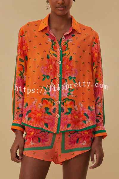 Fruit Garden Unique Print Long Sleeve Button Down Oversized Blouse