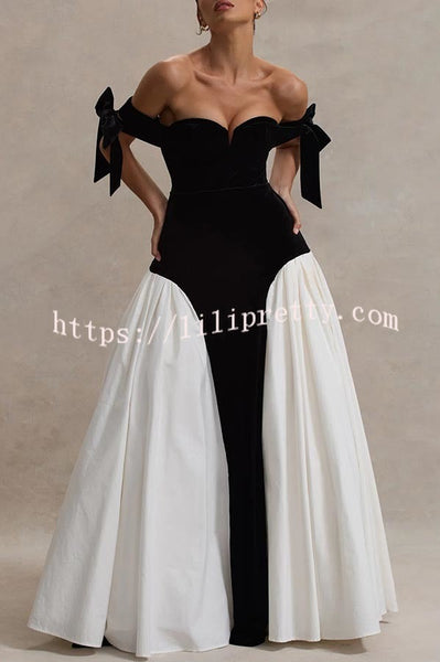 Phantom of The Opera Velvet Contrast Patchwork Bow Sweetheart Neck Maxi Dress