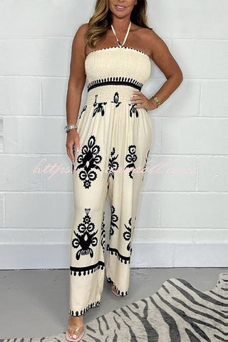 Minerva Ethnic Print Smocked Halterneck Wide Leg Jumpsuit