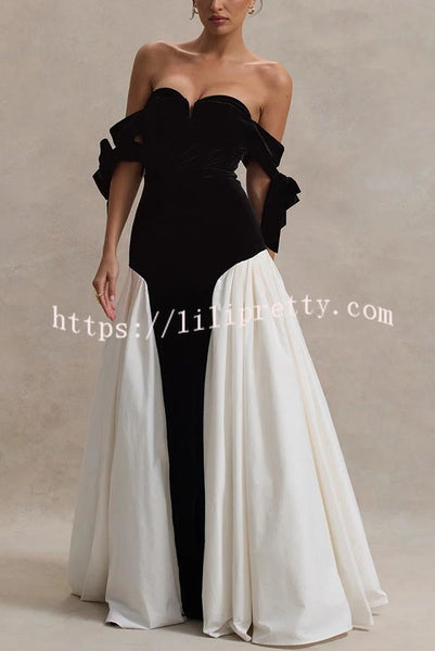 Phantom of The Opera Velvet Contrast Patchwork Bow Sweetheart Neck Maxi Dress