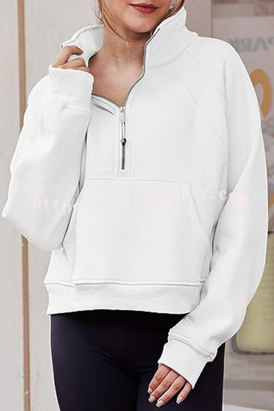 Stylish Patchwork Stand Collar Zippered Loose Pocket Sweatshirt