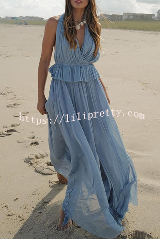 Romantic Goddess Pleated Fabric Halter Backless Tank and Elastic Waist Maxi Skirt Set