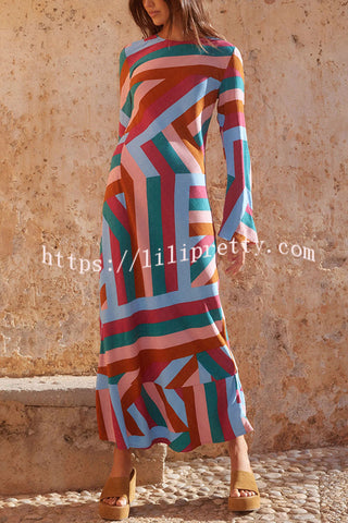 Smooth Lines Color Block Print Long Sleeve Bias Cut Loose Maxi Dress