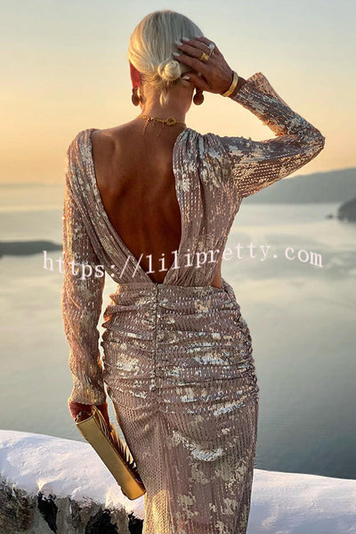 Magic Evening Glitter Fabric Side Cutout Long Sleeve Ruched Formal Maxi Dress