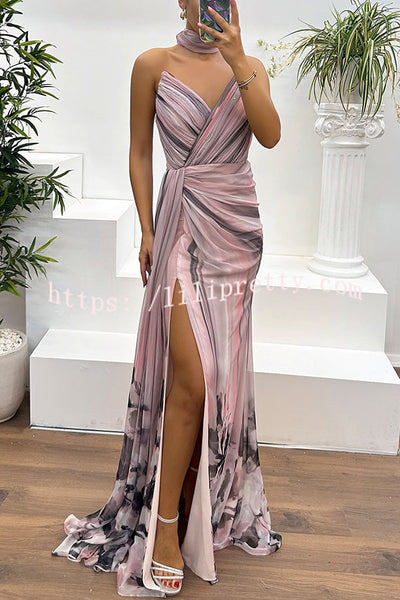 In A Dreamland Chiffon Floral Print Off Shoulder Pleated Scarf Slit Maxi Dress