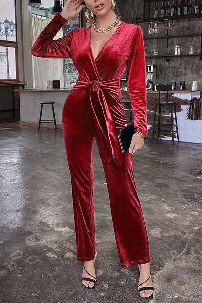 Solid Color Velvet Deep V Belt Slim Jumpsuit