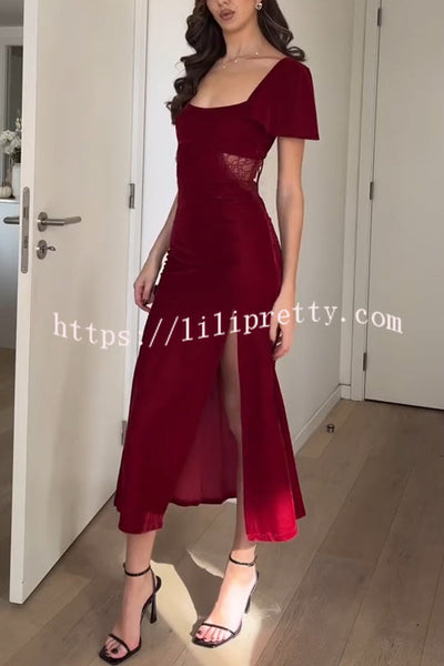 Yumi Velvet Lace Patchwork Bell Sleeve Back Lace-up Slit Midi Dress