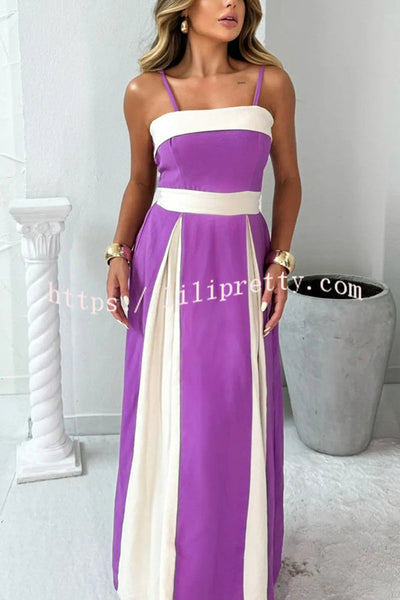 Fashion Contrast Color Sling Back Pleated Lace Up Maxi Dress