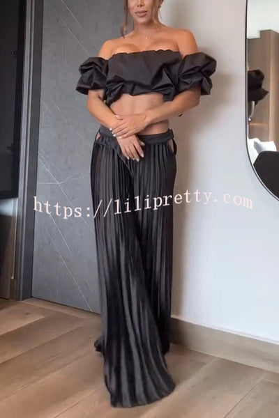 Jaelyn Off Shoulder Cloud Shape Crop Top and Waist Hollow Pleated Loose Pants Set