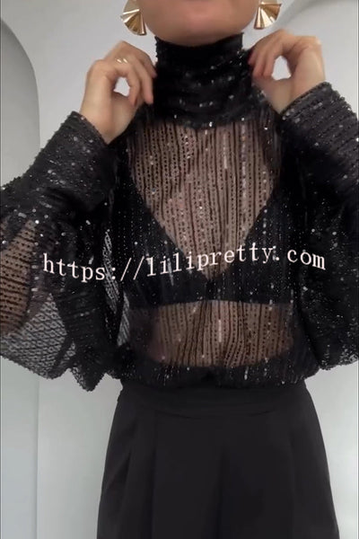 Shine All Night Sequin Turtleneck Long Batwing Sleeve Loose Blouse