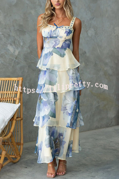 Peyton Chiffon Floral Print Back Tie-up Multi-tier Ruffle Maxi Dress