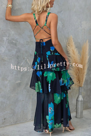 Refreshing Floral Print Back Lace-up Multi-teir Ruffle Hem Maxi Dress