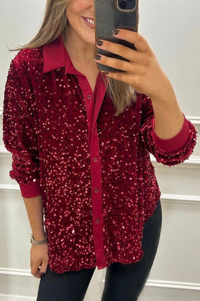 Fashion Velvet Sequined Loose Casual Long-sleeved Shirt