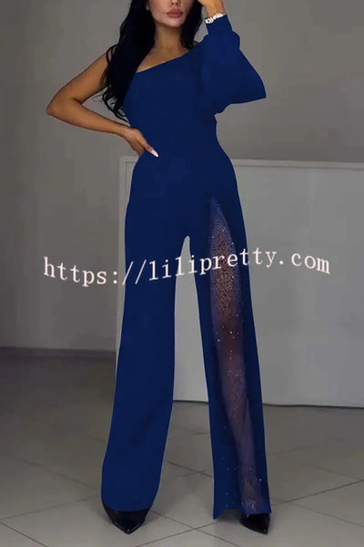 Fashionable Oblique Shoulder One-sleeve Sexy High Slit Slim Jumpsuit