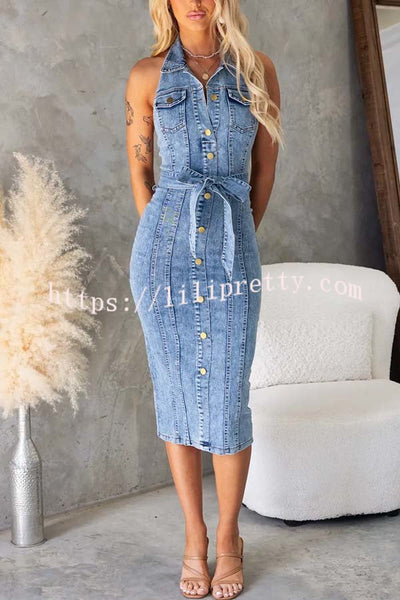 Kalyn Denim Button Up Belted Pocket Halter Stretch Midi Dress