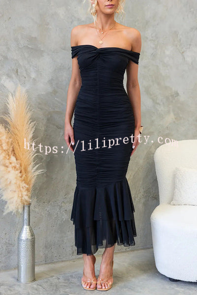 Beauty Untamed Mesh Overlay Off Shoulder Ruched Stretch Maxi Dress