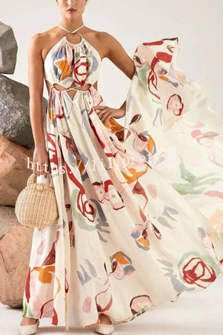 Unique Printed Cutout Backless Large Hem Maxi Dress