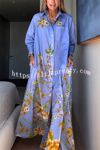 Opera Unique Floral Print Long Sleeve Pocket A-line Shirt Maxi Dress