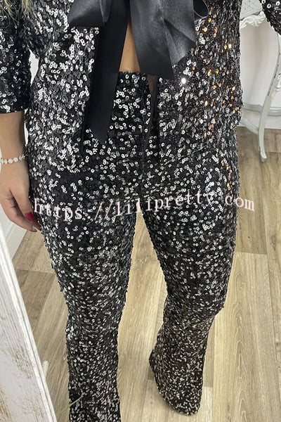 Holiday Cheer Sequin High Rise Elastic Waist Flared Stretch Pants