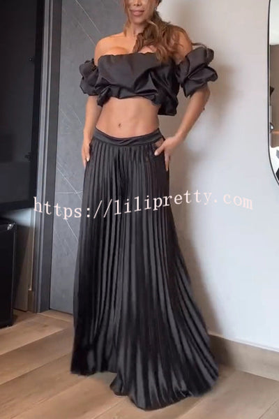 Jaelyn Off Shoulder Cloud Shape Crop Top and Waist Hollow Pleated Loose Pants Set