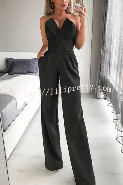 Tuxedo-style Off Shoulder Pocket Wide Leg Formal Jumpsuit