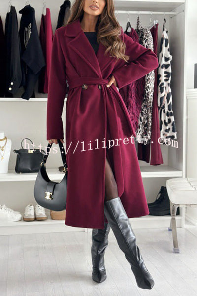 Solid Color Lapel Long Sleeve Waist Tie Long Coat