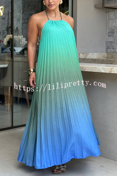 Sea goddess Gradient Print Pleated Halter Backless A-line Maxi Dress