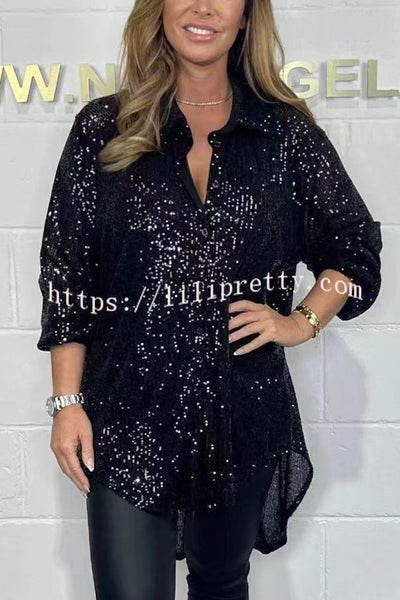 Party Season Solid Color Sequin Button Long Sleeve High Low Shirt