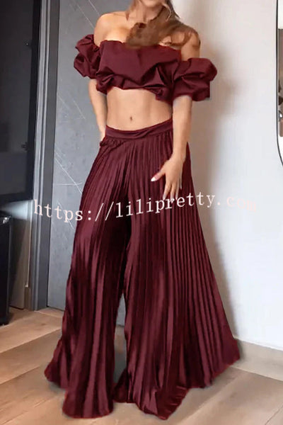 Jaelyn Off Shoulder Cloud Shape Crop Top and Waist Hollow Pleated Loose Pants Set