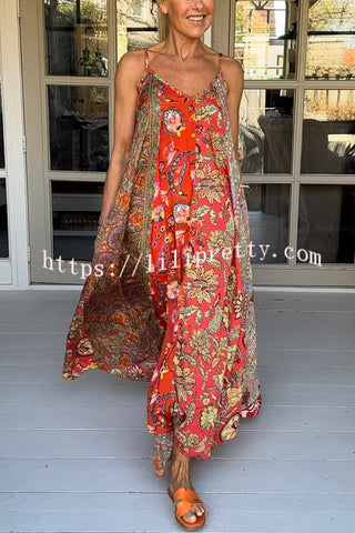 Unique Printed Loose Holiday Strap Big Hem Maxi Dress