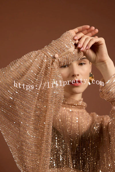 Shine All Night Sequin Turtleneck Long Batwing Sleeve Loose Blouse