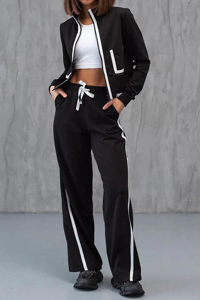 Andi Contrast Color Zipper Stand Collar Jacket and Drawstring Waist Pocketed Loose Pants Set