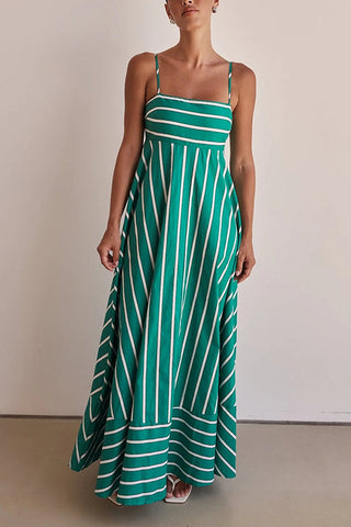 Stripe Print Sling Backless Pleated Maxi Dress