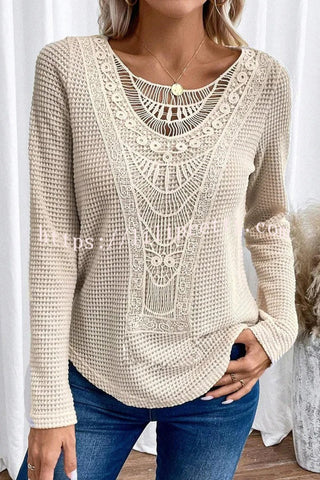 Solid Color Patchwork Round Neck Elegant Long Sleeve Loose Top