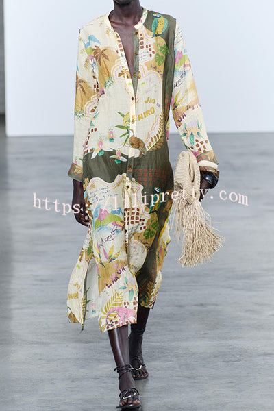 Cayla Linen Blend Unique Print Button Long Sleeve Shirt Midi Dress