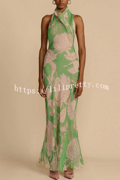 Josefine Floral Print Halter Cowl Neck Backless Tie-up Maxi Dress