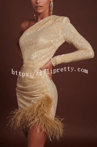 Golden Muse Sequin One Shoulder Feather Trim Ruched Stretch Mini Dress