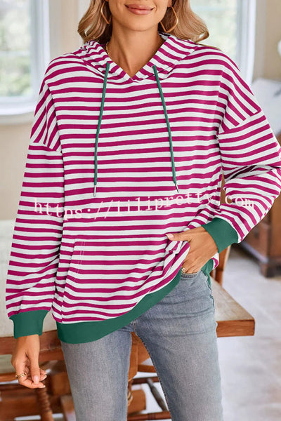 Striped Print Long Sleeve Pocket Loose Hoodie