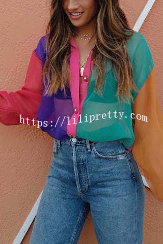 First Glance Sheer Tulle Colorblock Button Up Loose Blouse