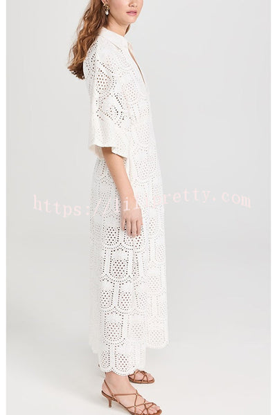 Darling Smile Pineapple Eyelet Crochet Lace Wide Sleeve Shirt Midi Dress