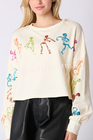 Halloween Skull Sequin Loose Crop Casual Sweatshirt