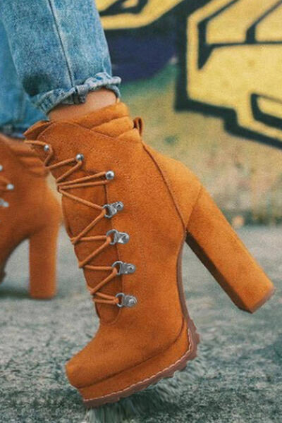 Suede High Heel Lace Up Studded Martin Boots