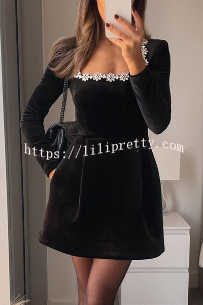 Endless Celebration Velvet Jewel Embellished Trim Long Sleeve Pocketed Mini Dress