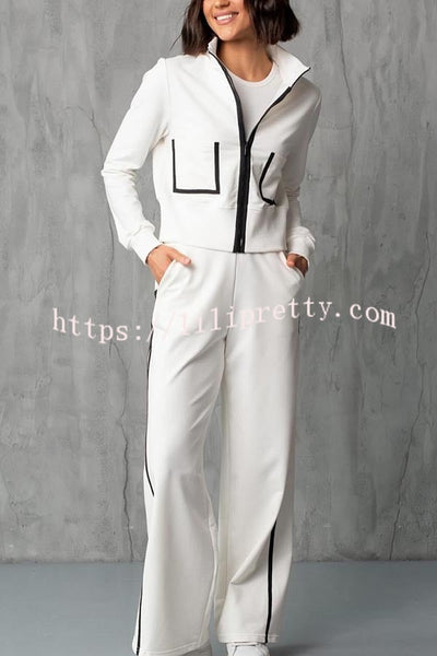 Andi Contrast Color Zipper Stand Collar Jacket and Drawstring Waist Pocketed Loose Pants Set