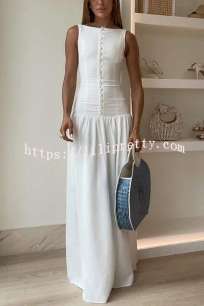 Unforgettable Evening Linen Blend Button Up Drop Waist Maxi Dress