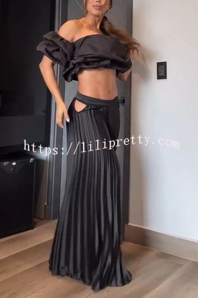 Jaelyn Off Shoulder Cloud Shape Crop Top and Waist Hollow Pleated Loose Pants Set