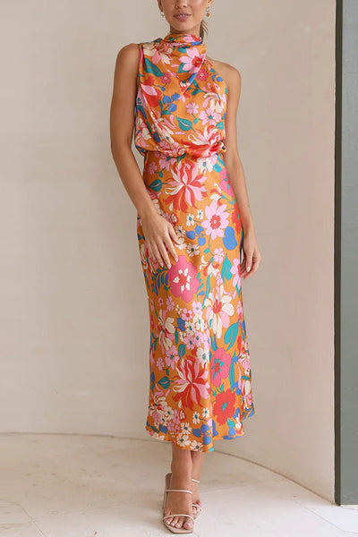 Fascinating Day Floral Halter Neck Elastic Waist Maxi Dress