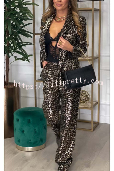 Mona Leopard Metallic Fabric Lapel Boyfriend Blazer and Elastic Waist Pocketed Loose Pants Set